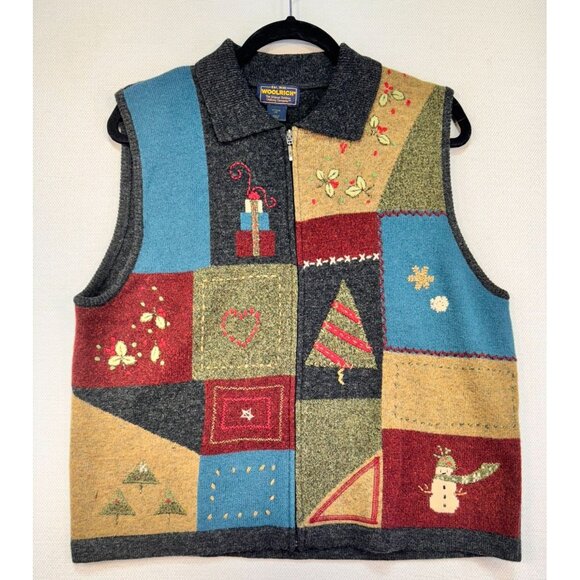 Woolrich Womens Patchwork Knit Vest 100% Lambs Wool Christmas Holiday Theme - Picture 1 of 9